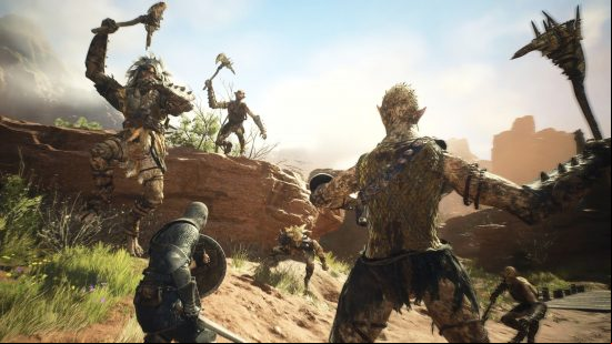 A band of tall goblin DD2 enemies, Knockers, wield long weapons.