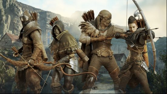 four archers from dragons dogma 2 wearing different sets of armor