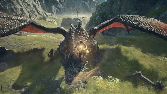 Dragon's Dogma 2 release date: A Mage balances precariously on top of a dragon's head during a battle in the wilds of the open world.