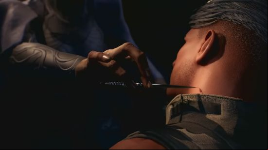 Dune Awakening release date: a person sits perfectly still because another is holding a sharp pin tot he side of their neck.