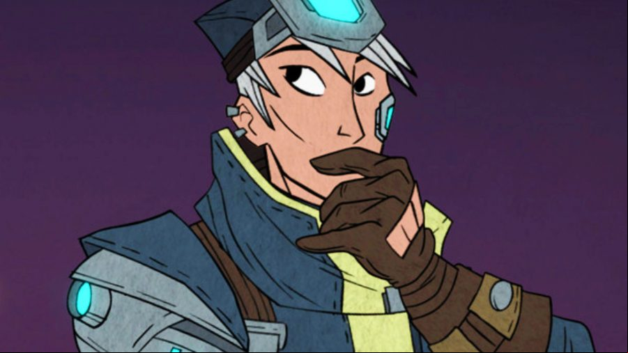 Griftlands - A white-haired adventurer strokes their chin in thought.