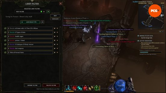Last Epoch loot filter - The player defines a list of rules to show, hide, or recolor certain item labels based on their stats and bonus abilities.