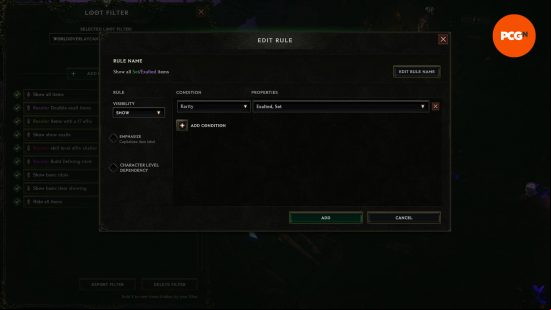 An example Last Epoch loot filter that enables only Set and Exalted rarity items to show.