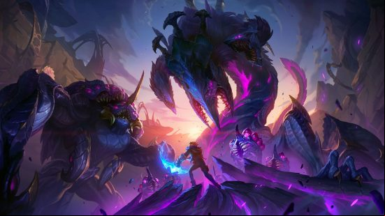 LoL ranks explained: a blonde man stands before a gigantic monster.