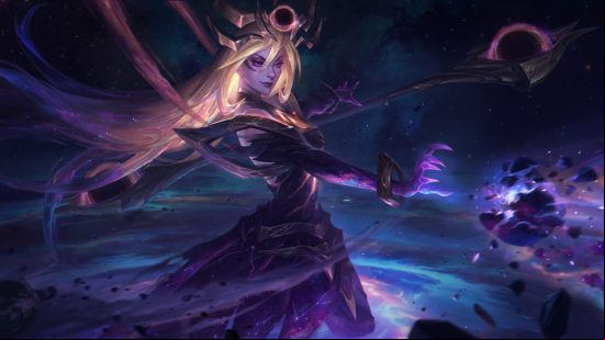 LoL ranks explained: a blonde woman surrounded by dark energy.