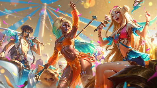 LoL ranks explained: a group of beachgoers enjoy the sun, with one singing into a mic.