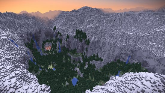 Lynwen, the setting for Minecraft adventure map Rise of the San'Lorai, and its surrounding mountains.