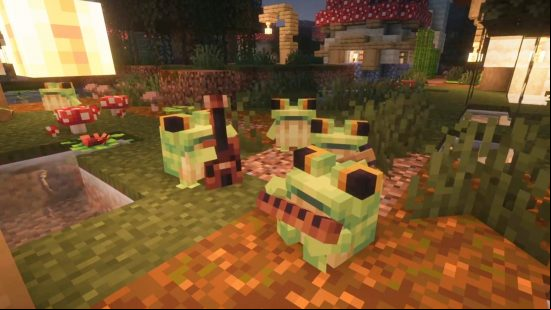 Four cute little Minecraft frogs play musical instruments in Ribbits, one of the best Minecraft mods.