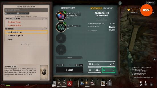 The Nightingale Alchemical Ink recipe as seen in-game in the Mortar Station UI.
