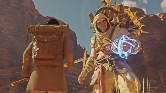 The Sun Giant, one of the Nightingale Apex Creatures, appraises an item the Realmwalker has handed him.