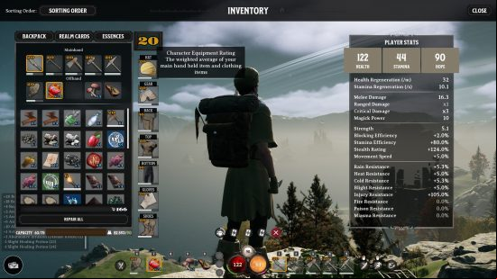 Nightingale gear rating: a man stands atop a mountain.