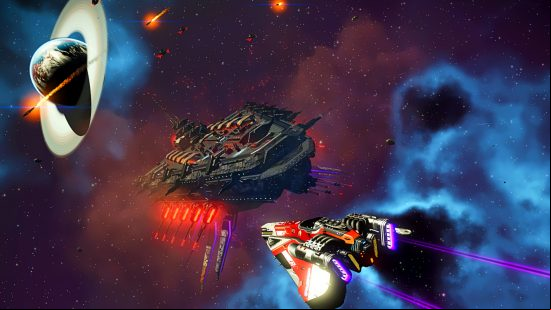 No Man's Sky Omega Expedition - A ship flies through space past a giant dreadnought.
