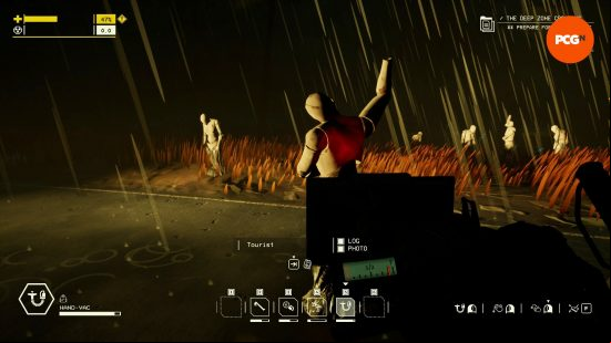 A Tourist Anomaly stands in the middle of the road of the Olympic Exclusion Zone, its torso emanating the telltale red glow of a Pacific Drive ThermoSap Crystal.