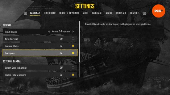 The Skull and Bones crossplay option in the in-game gameplay settings menu.
