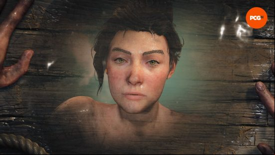 Skull and bones review: the customized character has black hair and eyebrows and is looking at their reflection in a puddle