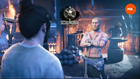Skull and Bones infamy: a heavily tattooed pirate stands with his arms crossed.