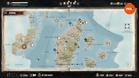 The Skull and Bones Kaa Mangrove location marked on the in-game map.