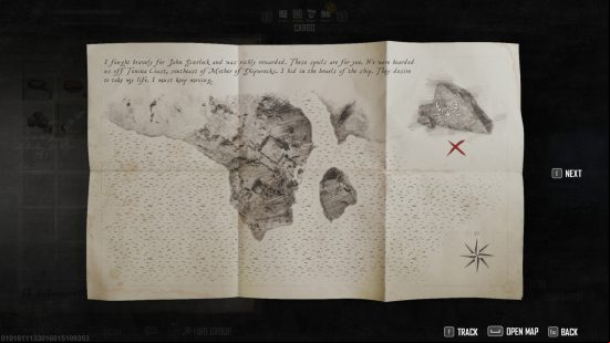 detailed treasure map in skull and bones with a clue