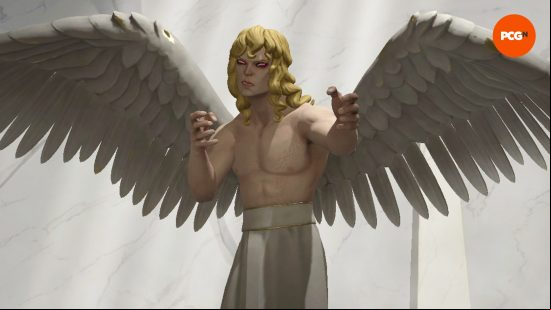 The blonde-haired Solium Infernum Archfiend Andromalius holds his hands out in anger.