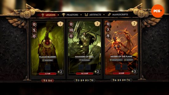 The Solium Infernum Bazaar, showing three Legions available for bidding.