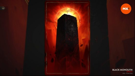 The Black Monolith, a towering black, carved obelisk, and one of the best Solium Infernum Artifacts.