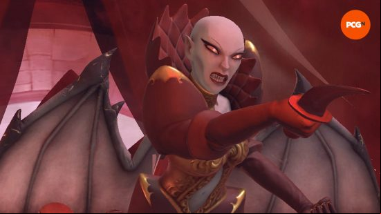 Someone has angered Erzsebet, one of the Solium Infernum Archfiends, as she points a dagger and bears her teeth.