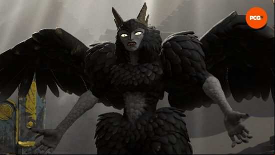 One of the Solium Infernum Archfiends, Lilith, throws her arms out in digust, her large, feathered wings splayed out behind her.