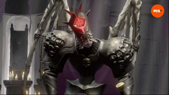 Murmur, one of the Solium Infernum Archfiends, tilts his head to the side, his helmet glowing red, and large, bat-like wings tucked in behind him.