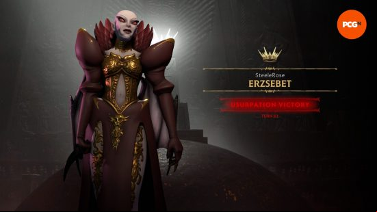 An end game screen in Solium Infernum showing that the game has been won by Erzsebet by Usurpation.