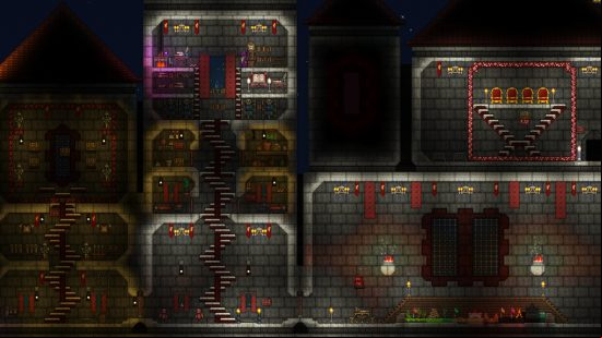 Terraria mods: a dark castle, with multiple candlelit rooms.