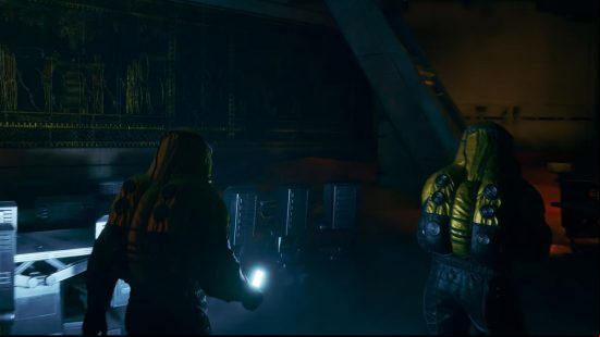 Dune awakening trailer graphics: two people in hazard suits exploring a dark laboratory