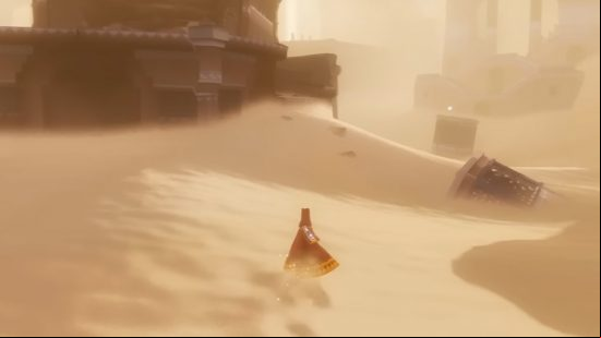 Dune awakening trailer graphics: someone standing in sand with a large structure ahead of them
