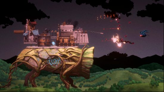Ark of Charon - Flying creatures attack a city atop the back of a giant, four-legged, tree-like creature.