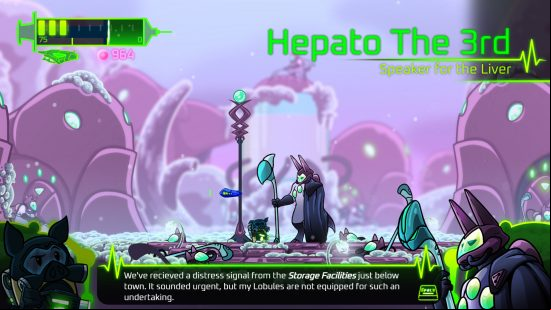 BioGun release date - A screenshot of the player meeting 'Hepato the Third, Speaker for the Liver' in the Metroidvania game.