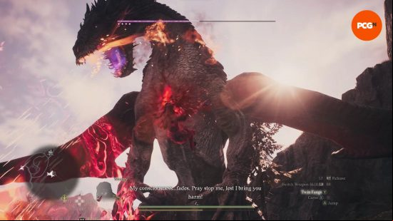 dd2-how-long-fight How long is Dragon's Dogma 2: a man holds onto the belly of a dragon as it blows fire.