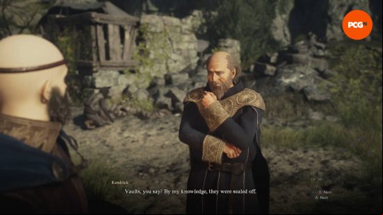 Kendrick is pondering about a vault during Dragon's Dogma 2 Caged Magistrate quest.