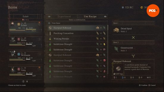 dragons-dogma-2-crafting-menu Dragon's Dogma 2 crafting: a videogame menu showing all combinations of different ingredients.