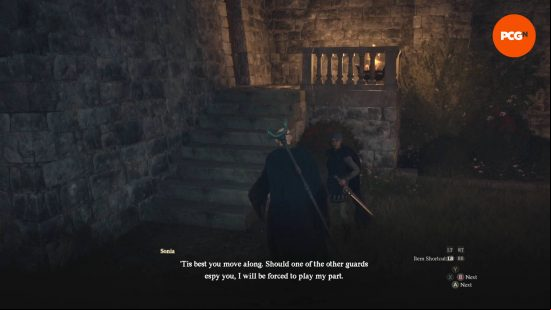 A guard showing the Arisen to the guardhouse in Dragon's Dogma 2 Disa's Plot quest.