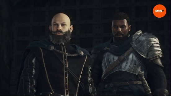 The Arisen and Captain Brant look concerned during the events of Dragon's Dogma 2 Feast of Deception quest.
