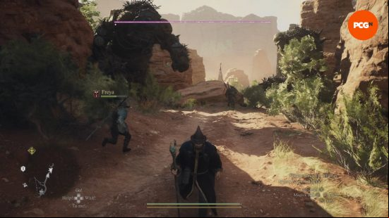 The Arisen and pawn are running away from a couple of Cyclopses and many orcs in Dragon's Dogma 2 Nation of the Lambent Flame quest.