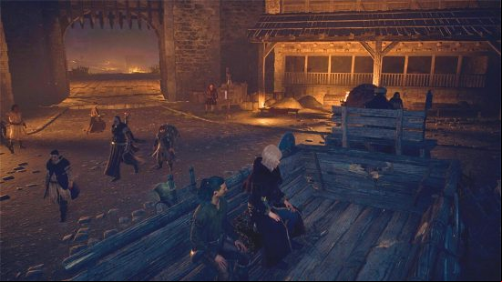 Dragons's Dogma 2 fast travel: two humans sit on an ox cart, waiting to leave on their travels.