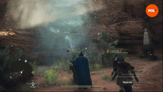 The Dragon's Dogma 2 Sorcerer Arisen and his three pawns fighting against some harpies in the middle of the desert.