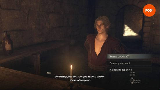 Klaus, a guildmaster, is looking for archistaves and greatswords in order to unlock the Dragon's Dogma 2 Sorcerer vocation.