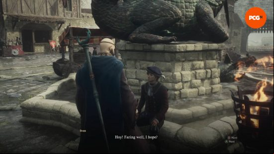 The Arisen is talking with Sven near a fountain to get Courtly Clothes in Dragon's Dogma 2 The Stolen Throne quest.