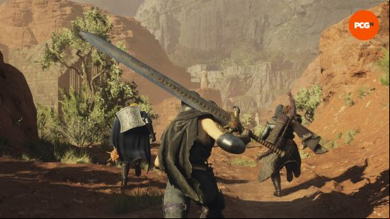 a warrior with a big sword running with 2 pawns in dragons dogma 2
