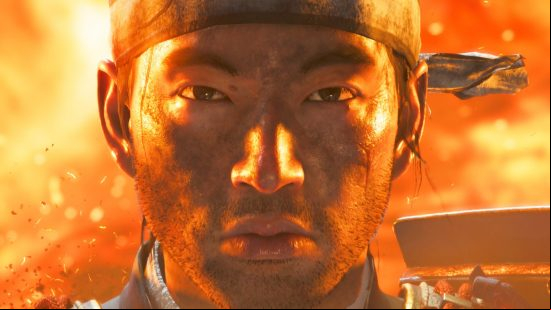 Ghost of Tsushima PC Steam: a man stood in front of a raging fire