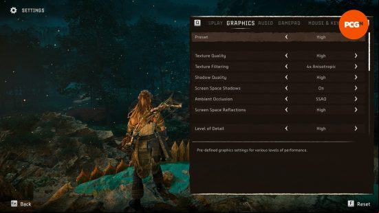 Horizon Forbidden West review: the game's settings menu.
