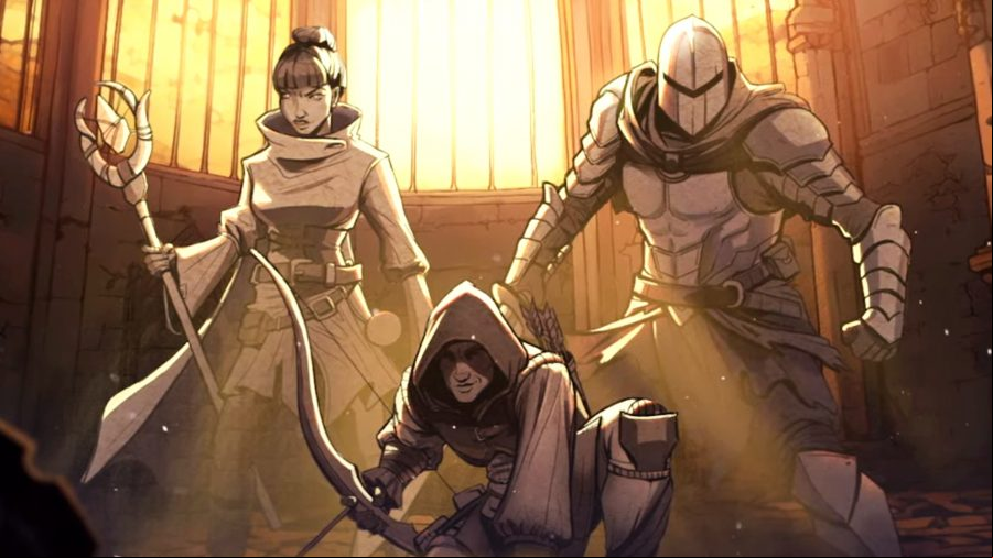 Knights in Tight Spaces - A mage with a staff, a knight in armor, and a rogue with a bow stand in a stone-walled room.