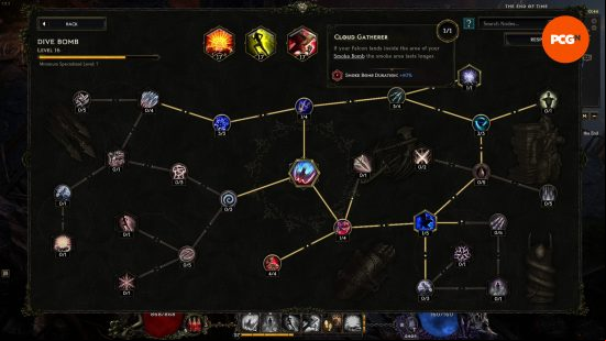 Last Epoch patch notes 1.02 - The Falconer's Dive Bomb skill tree with its Cloud Gatherer node: "If your Falcon lands inside the area of your Smoke Bomb the smoke area lasts longer.