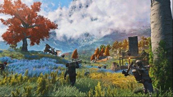 A community of players comes together to construct a settlement amid a colorful open landscape following the Light No Fire release date.